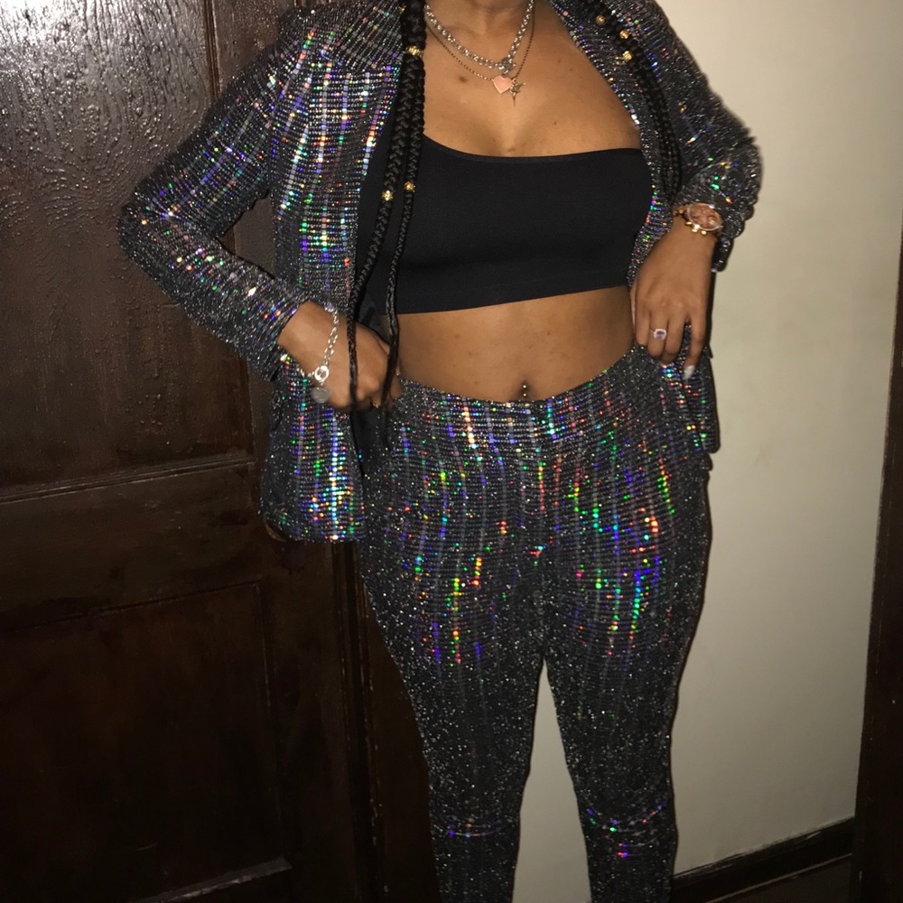Sequin Blazer and Pants Set - Black
